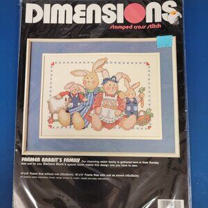 Dimensions Farmer Rabbits Family Stamped Cross Stitch Kit 3101 Dated 1989